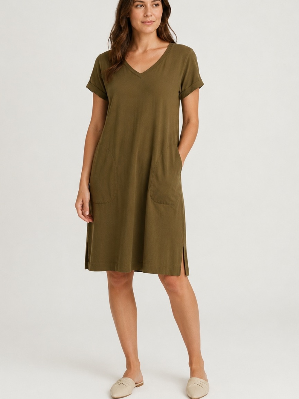 Garnet Hill Olive Green Tencel Blend Shift Dress Size M Pockets Soft Stretch